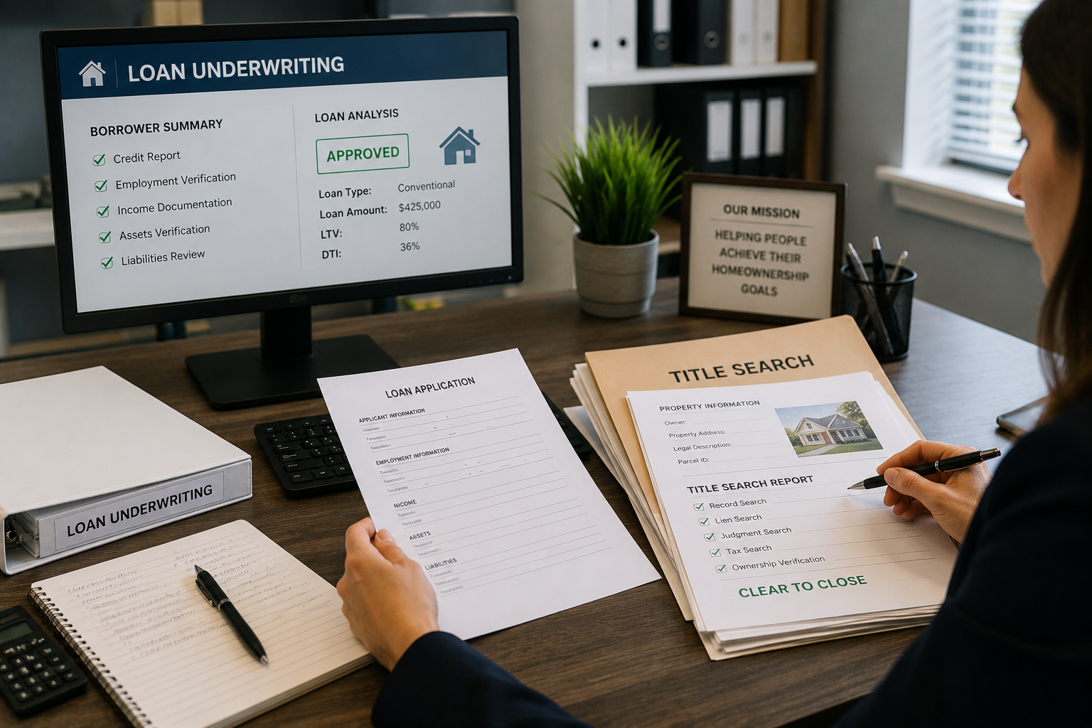 Loan underwriting approval and title search review by mortgage processor