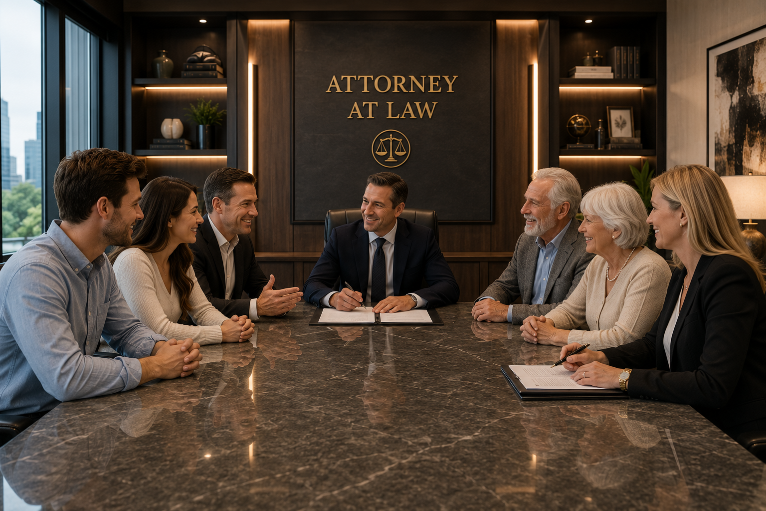 Closing day — buyers and sellers signing documents with attorney at law office